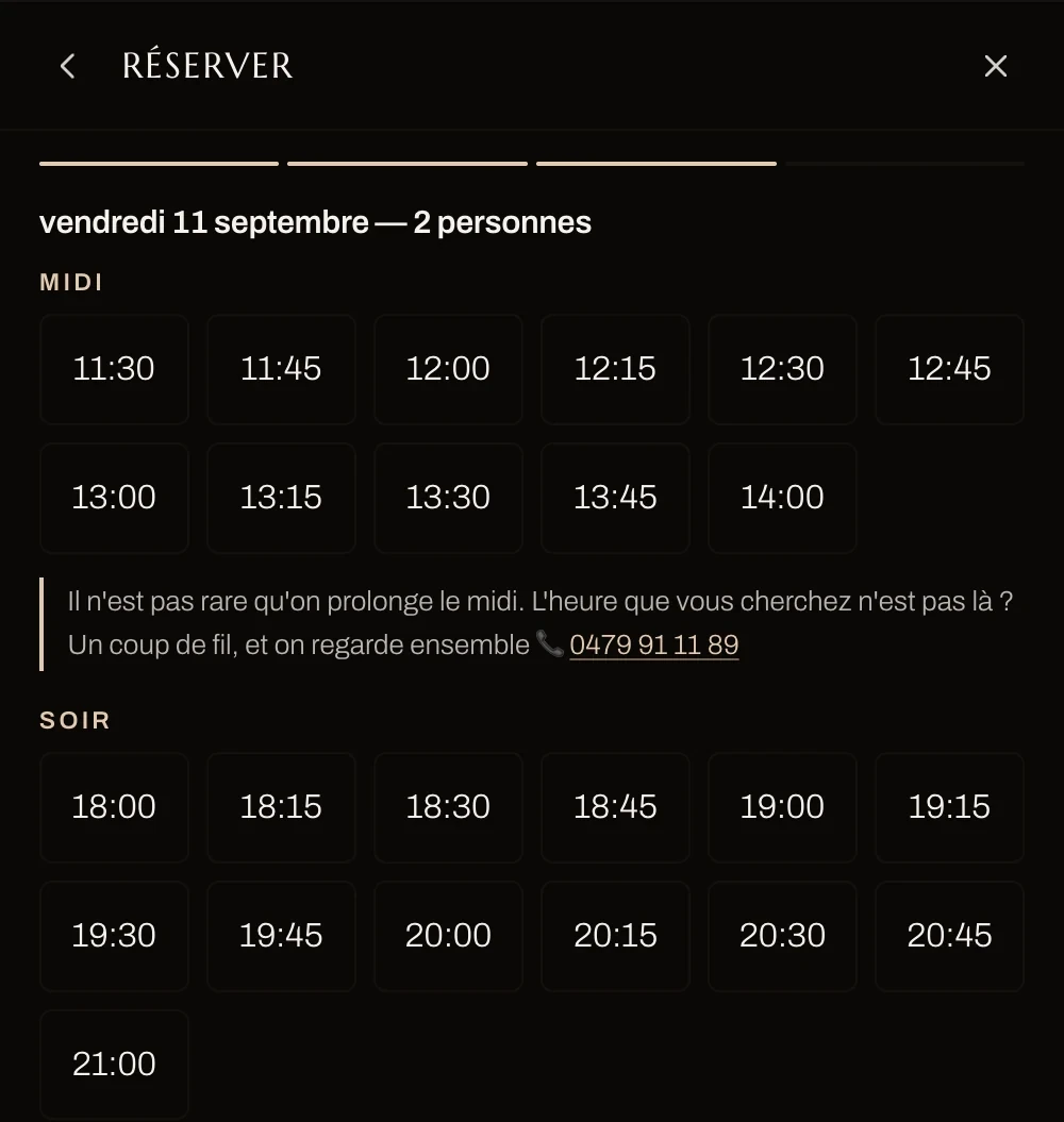 Les heures disponibles au midi et au soir, quart d'heure par quart d'heure