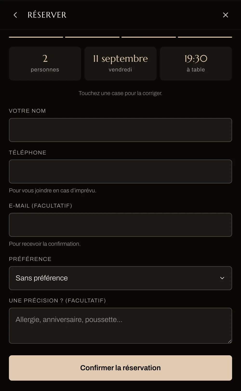 Un nom, un numéro de téléphone, et la réservation est confirmée